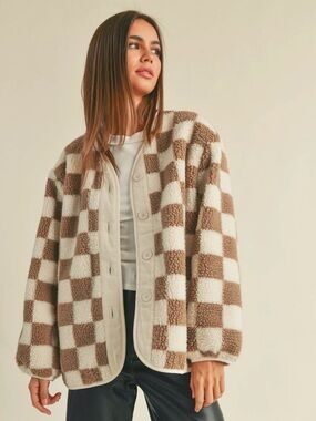 MIOU MUSE Checked Sherpa Fleece Jacket - Brown & Cream